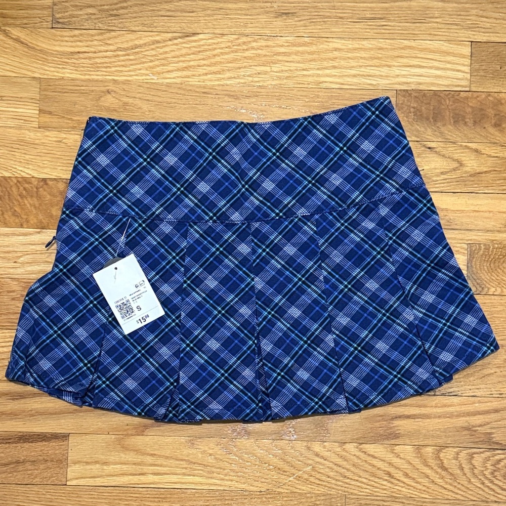 Forever 21 Blue Plaid Pleated Skater Mini Skirt
